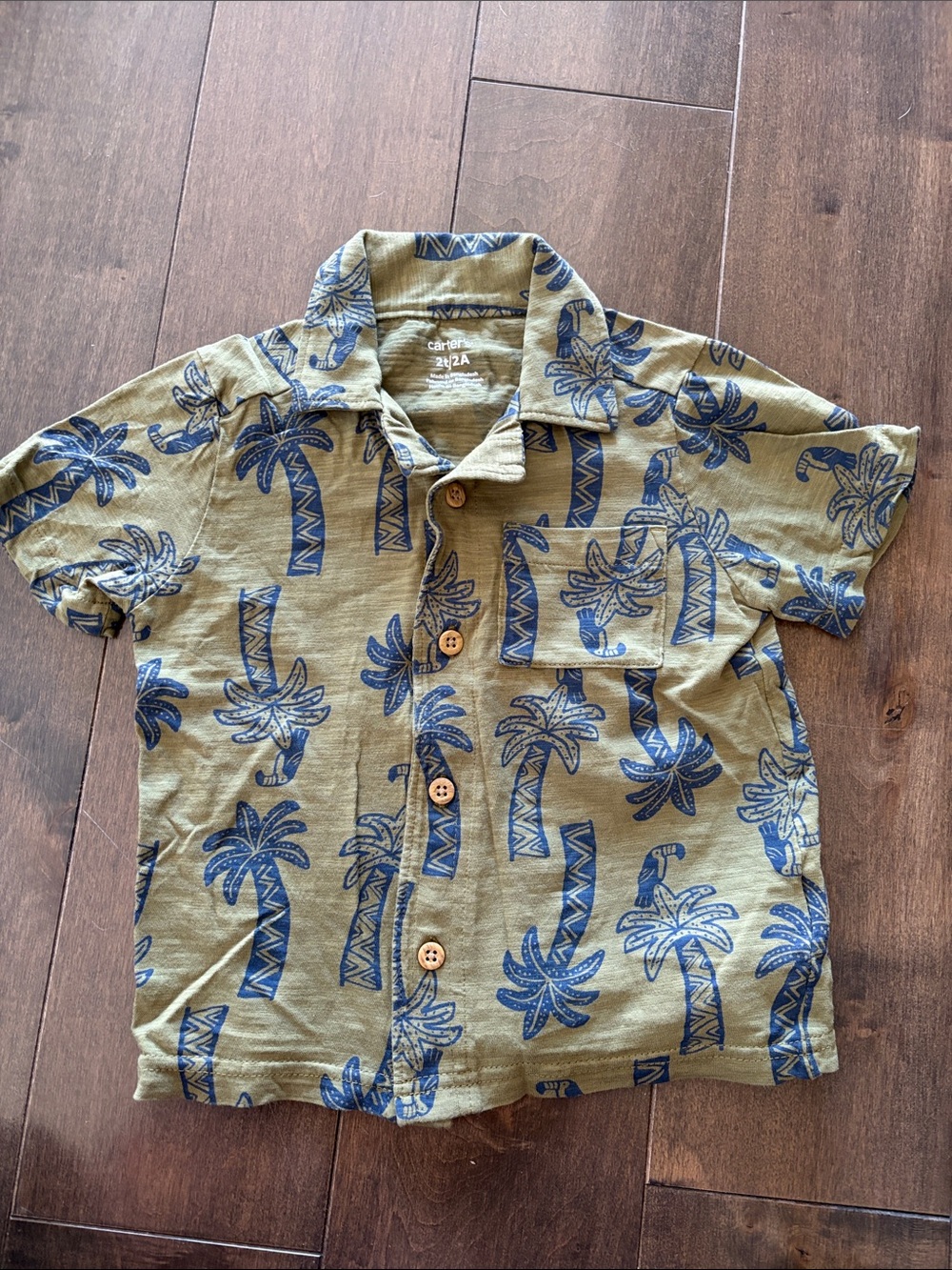 Carter's Olive Green Short-Sleeve Button Shirt with Navy Palm Print